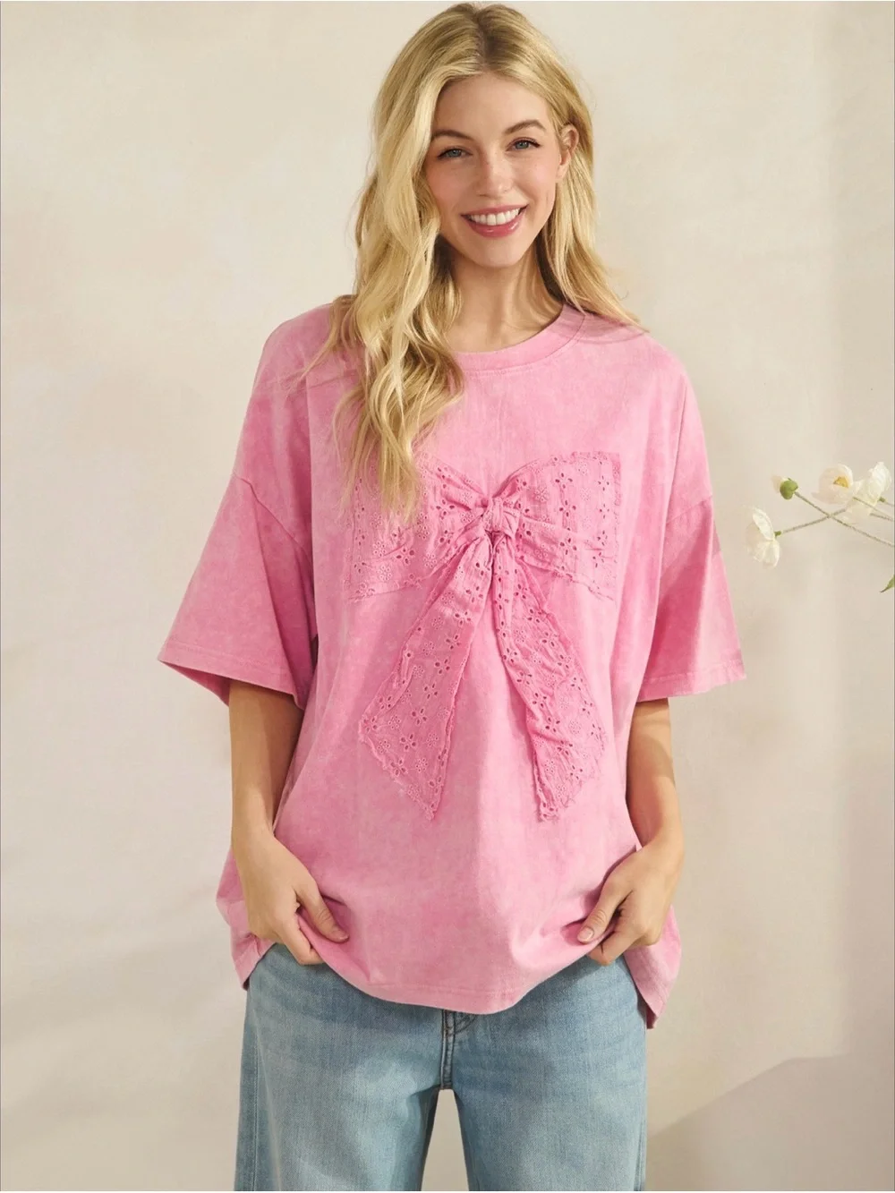Easel Pink Eyelet Bow Short Sleeve Top — NWT - Picture 1 of 2
